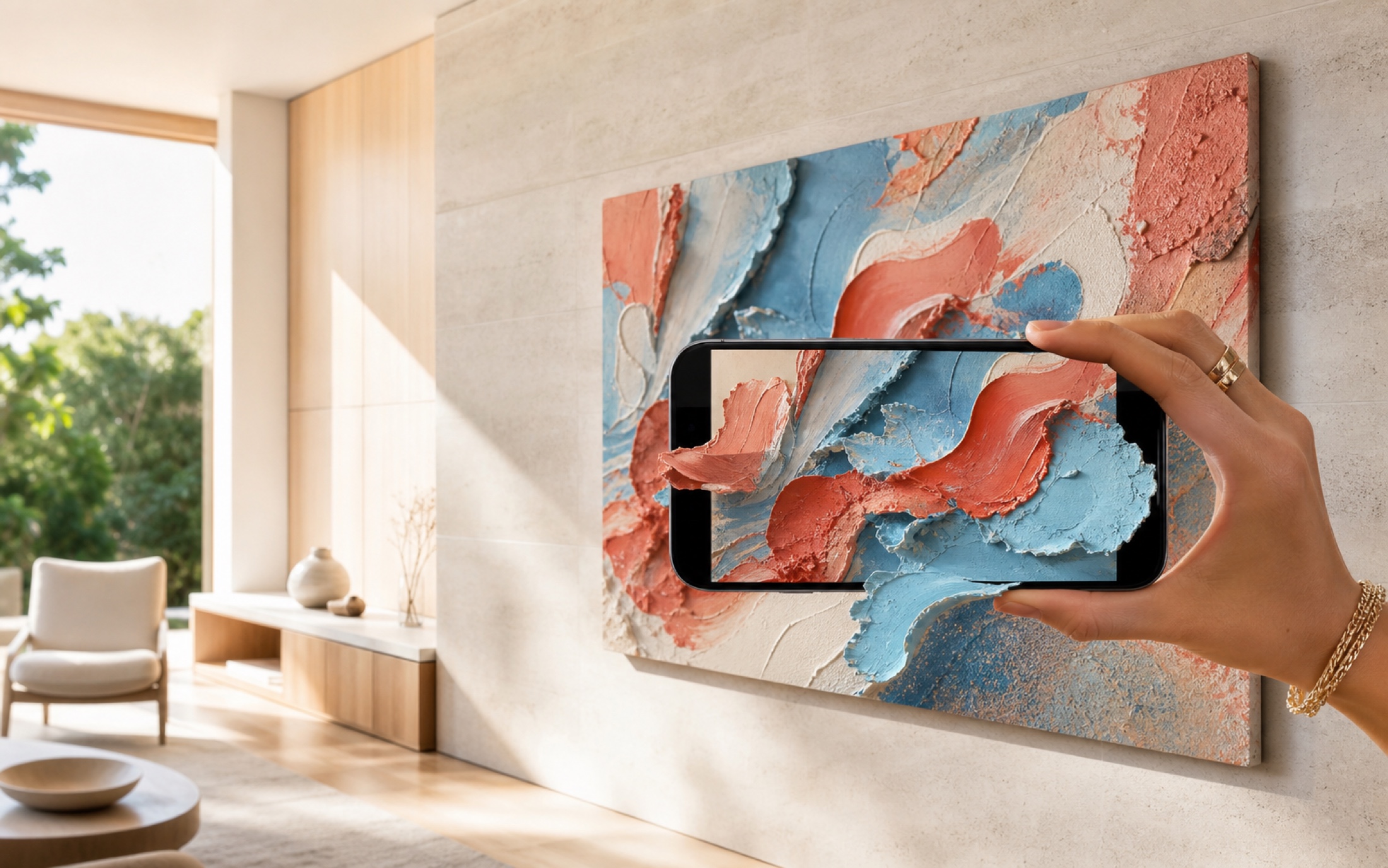 A phone bringing a colourful ArtScapes painting to life in a bright Australian interior